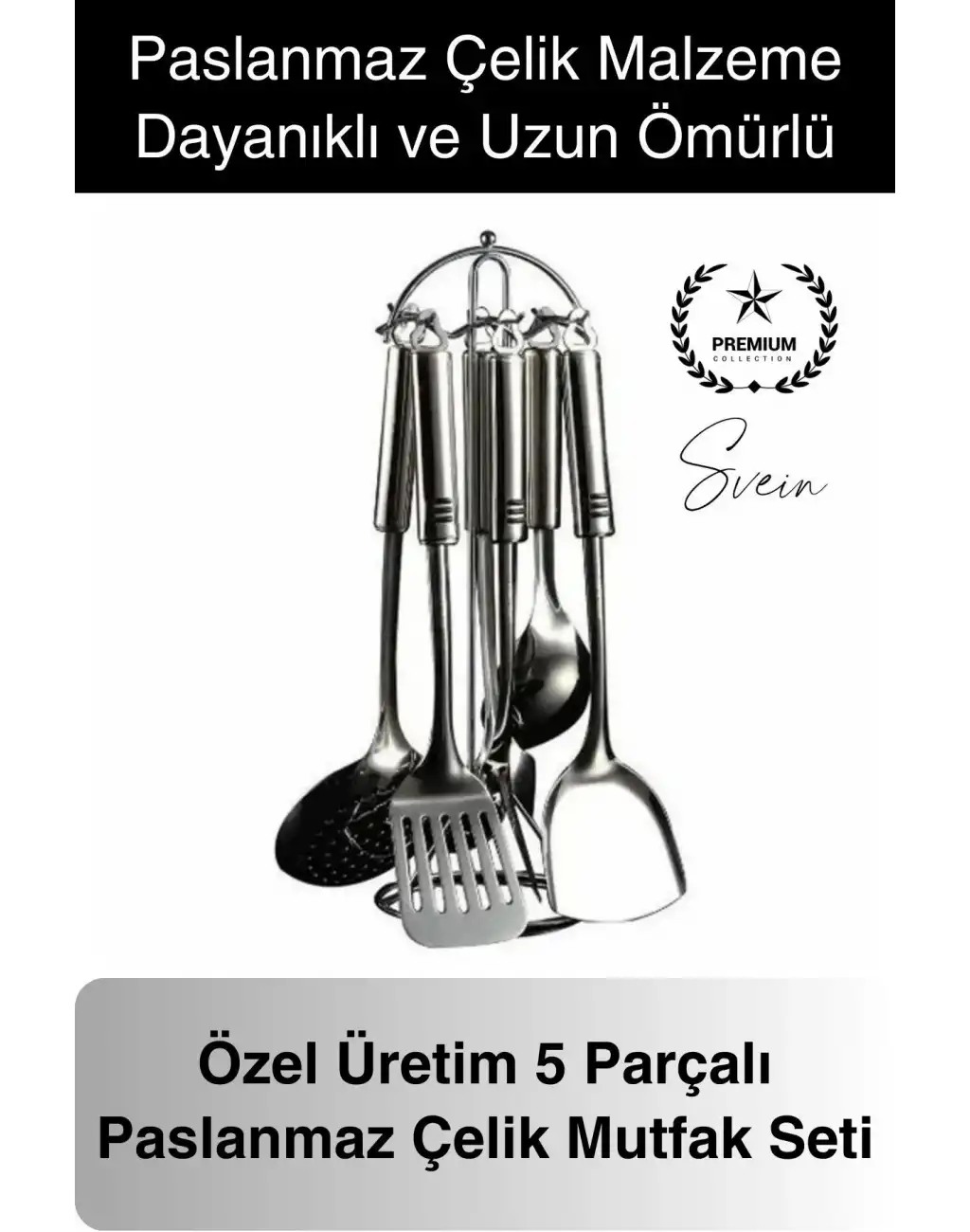 5li Paslanmaz Çelik Mutfak Seti Servis Kepçe Kevgir Spatula Kaşık Takımı Metal Hijyen Çeyiz Pratik