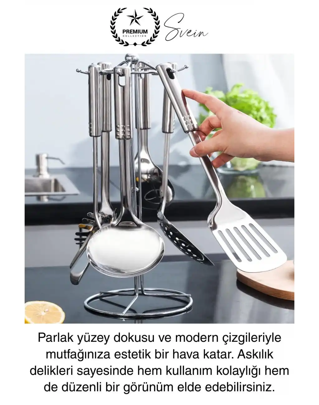 5li Paslanmaz Çelik Mutfak Seti Servis Kepçe Kevgir Spatula Kaşık Takımı Metal Hijyen Çeyiz Pratik