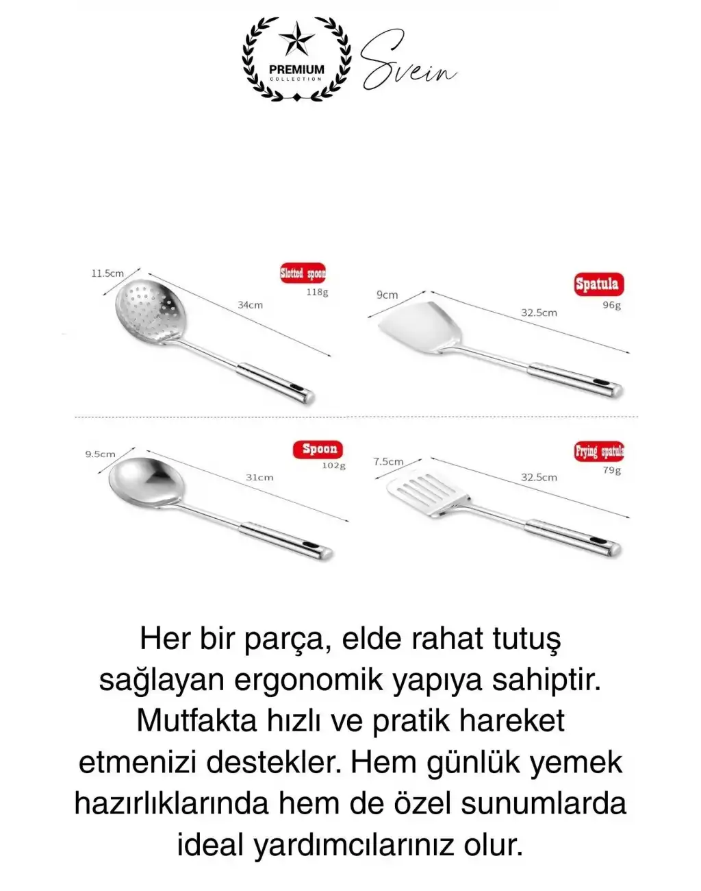 5li Paslanmaz Çelik Mutfak Seti Servis Kepçe Kevgir Spatula Kaşık Takımı Metal Hijyen Çeyiz Pratik