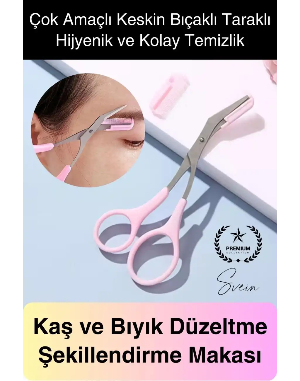 Premium Kadın Kaş Kesme Makası Düzeltici Epilasyon Bakım Taraklı Kolay Şekillendirici Şık Görünüm