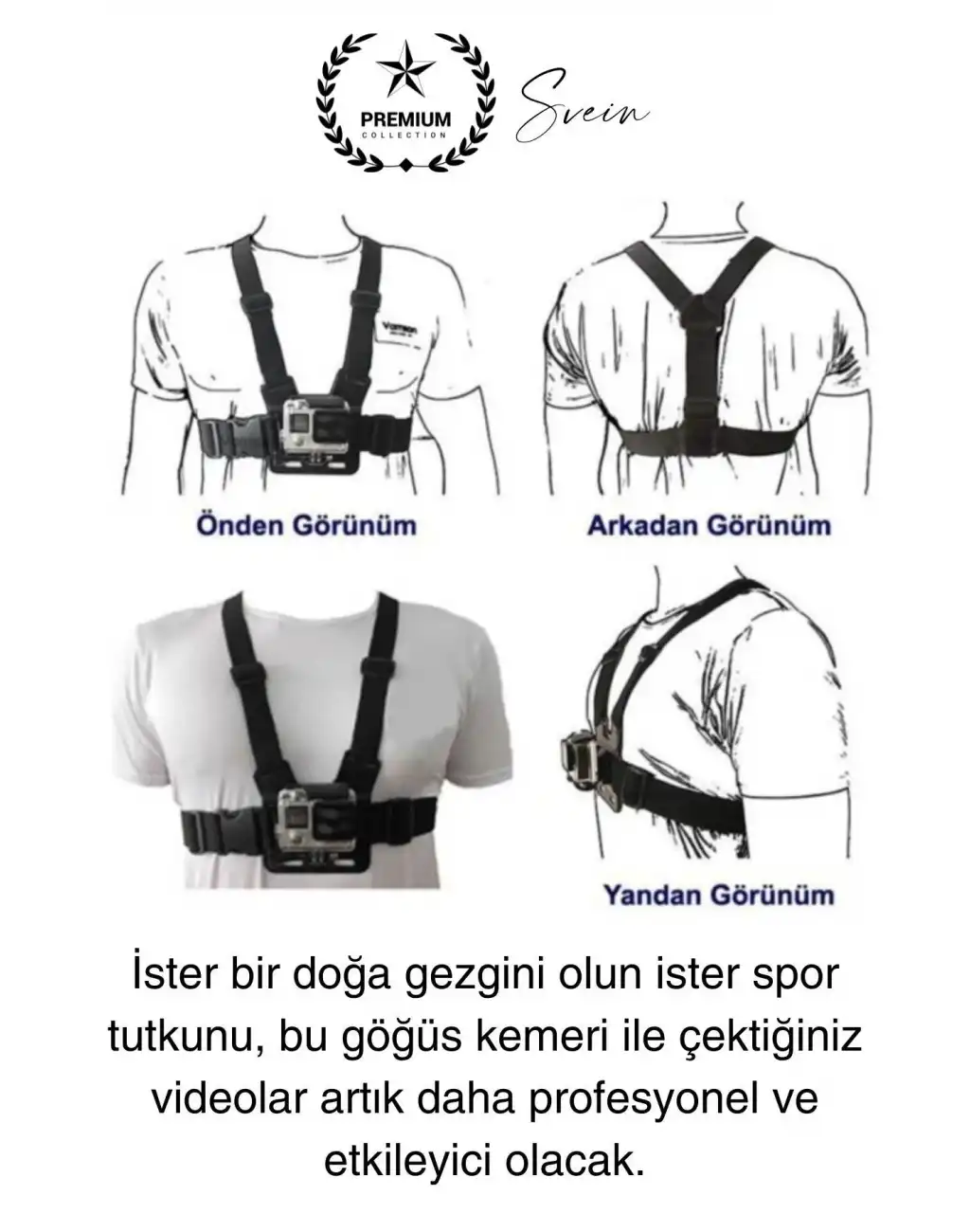 Premium Ayarlanabilir Göğüse Sabitlenen Spor Aksiyon Kamerası Kemeri Video Görüntü Çekim Ekipmanı