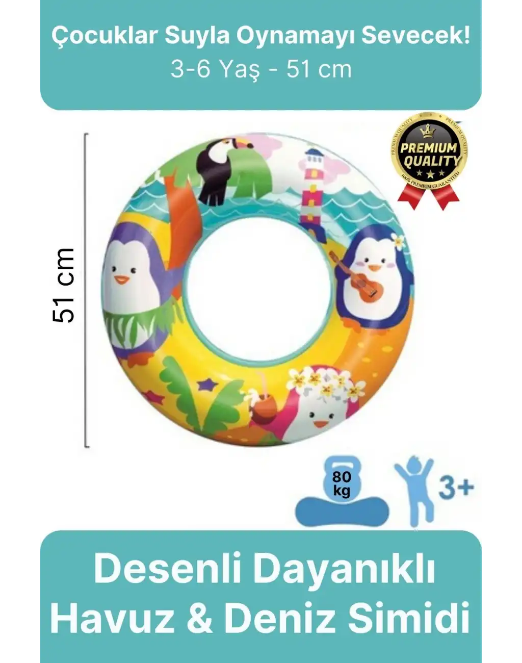 Premium Dayanıklı Güvenli 80 Kg 51 Cm Çocuk Eğlenceli Hayvanlar Desenli Deniz Havuz Yüzme Simidi
