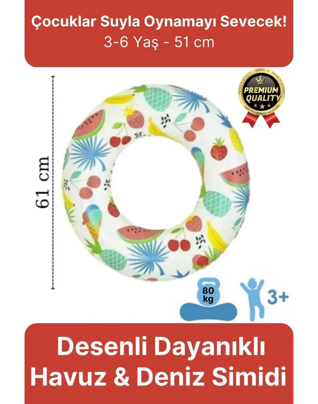 Premium Dayanıklı Güvenli 80 kg 51 Cm 176 lbs Çocuk Eğlenceli Meyve Desenli Deniz Havuz Yüzme Simidi