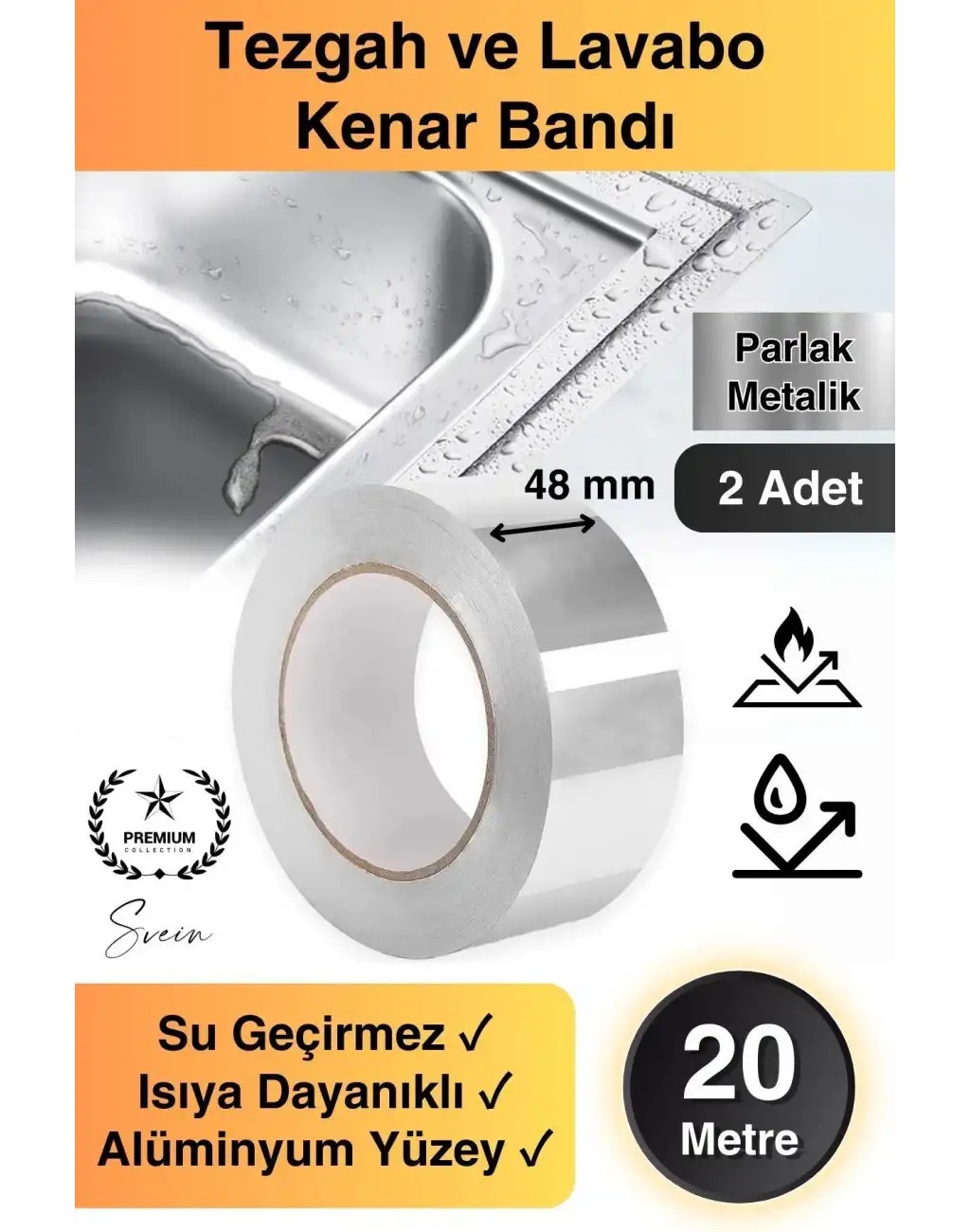 20 Mt Parlak Metalik Gri Tezgah Lavabo Kenar Bandı Sızdırmaz Isıya Dayanıklı Bant Su İzolasyon 2 Ad.