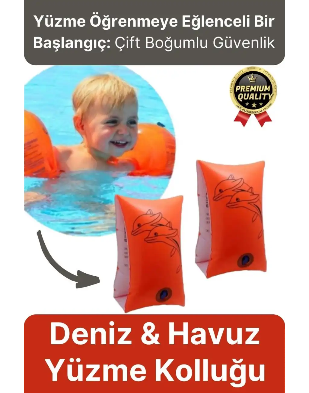 Başlangıç Seviye Çift Boğumlu Baskılı 3-6 Yaş Çocuk Deniz Havuz Yüzme Öğrenme Şişme Kolluğu Turuncu