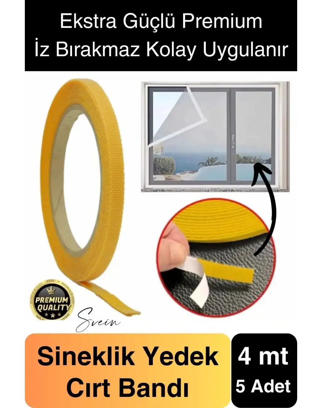4 mt Güçlü Premium Sineklik Yedek Cırt Bant Pencere Kapı Yapışkanlı Tül Sinek Perdesi Bandı 5 Adet