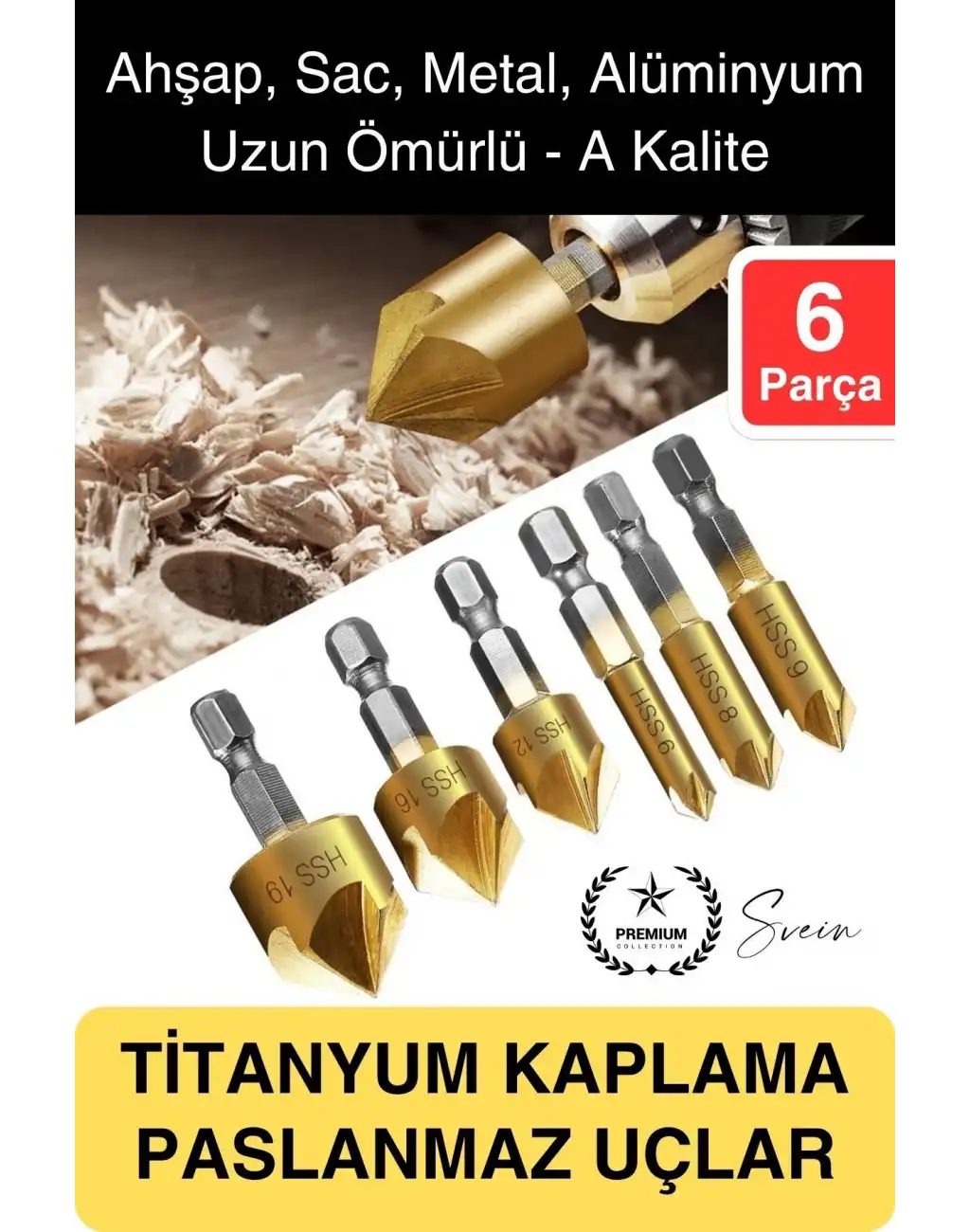 Premium Titanyum Kaplama 6lı Kırılmaz Uçlu Paslanmaz Ahşap Sac Metal Havşa Açma Matkap Uç Seti