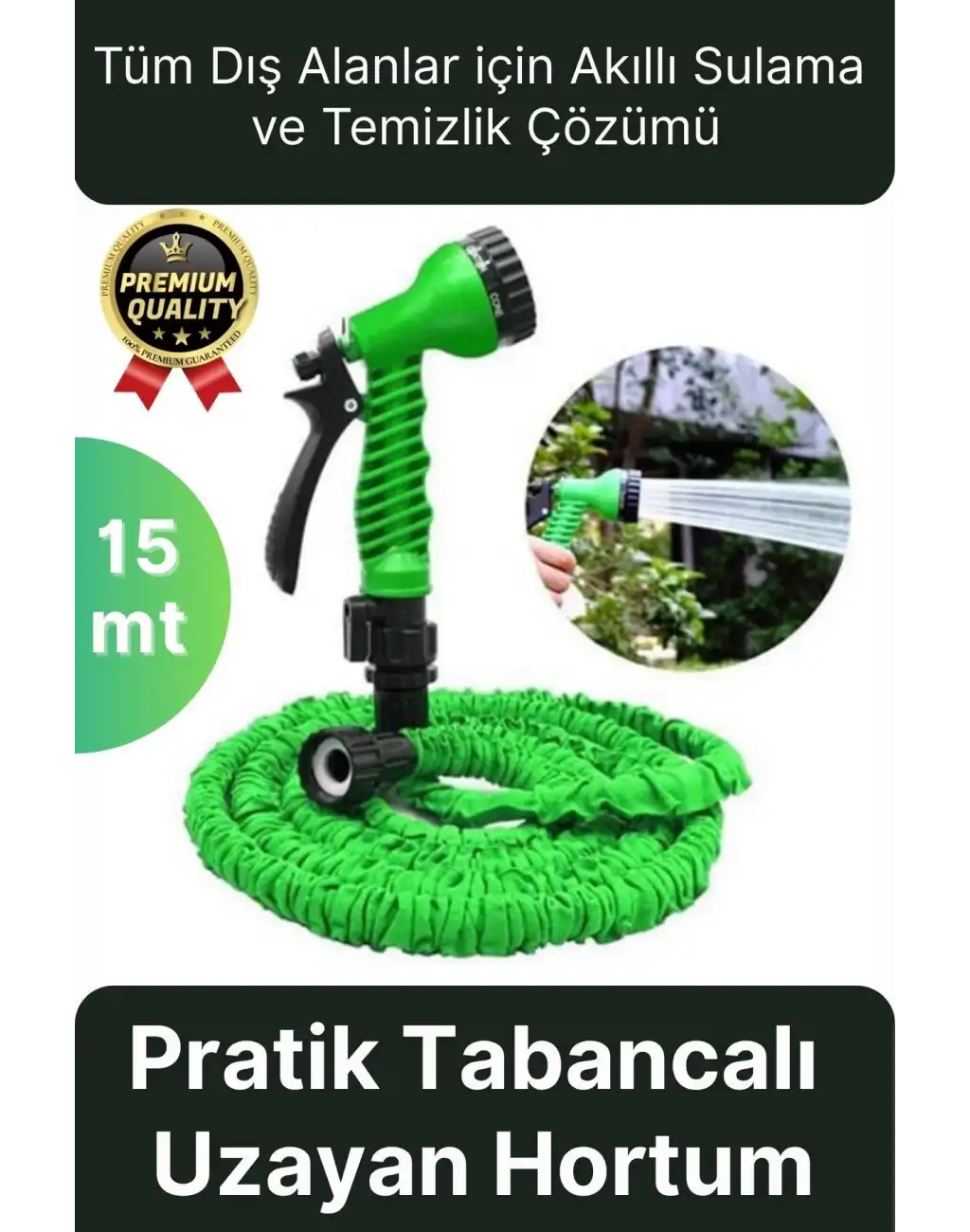 Çok Amaçlı Kırılmaz Dolaşmaz 7 Fonksiyonlu Bahçe Sulama Araç Yıkama Tabancalı Uzayan Hortum 15 Metre