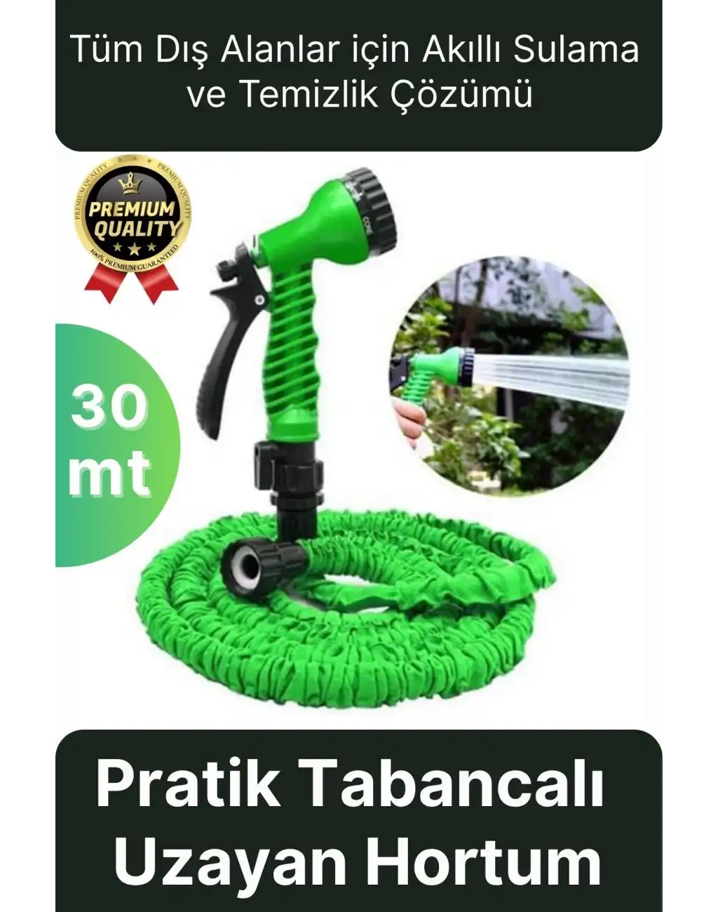 Çok Amaçlı Kırılmaz Dolaşmaz 7 Fonksiyonlu Bahçe Sulama Araç Yıkama Tabancalı Uzayan Hortum 30 Mt