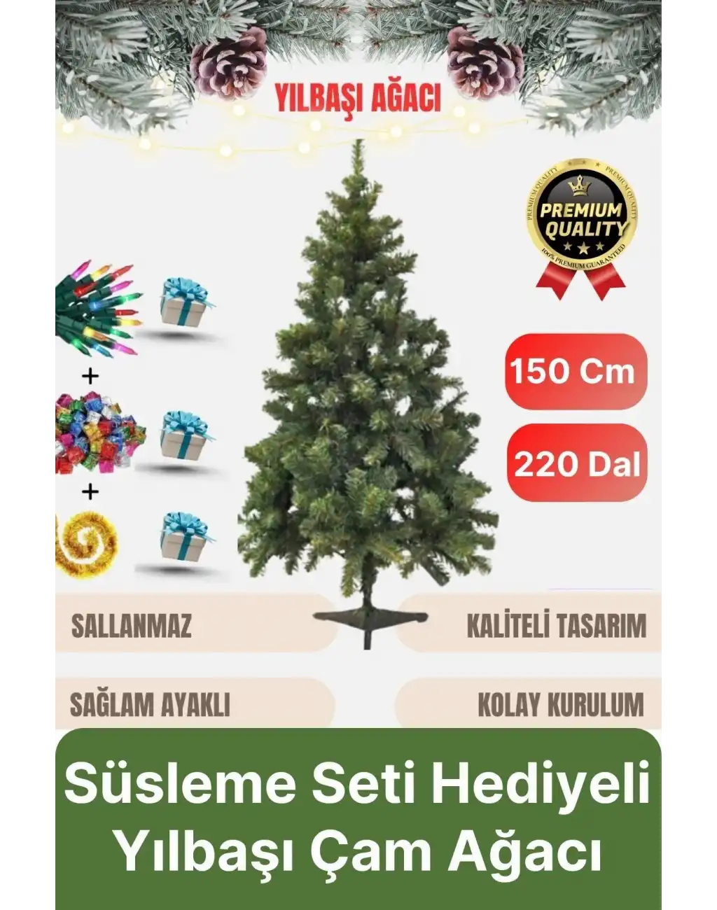 Premium Kalite Yeni Yıl Süsleme Seti Renkli Işık Hediye Yılbaşı Çam Ağacı Noel Paketi 150 Cm 220 Dal