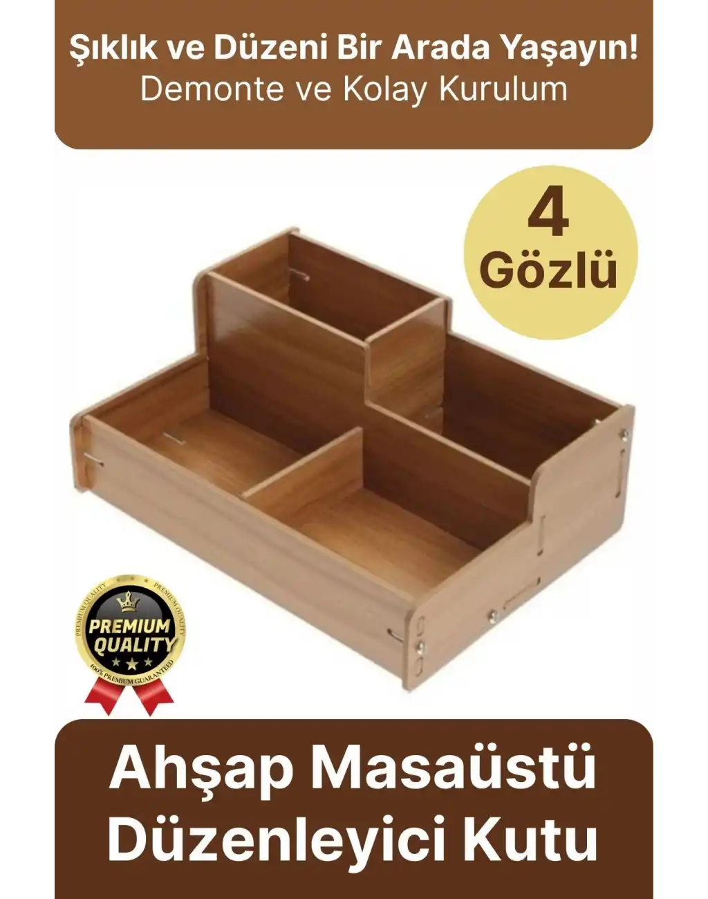 Kırtasiye Kalem Makyaj Malzemesi Saklama Çok Amaçlı 4 Gözlü Bölmeli Ahşap Masa Üstü Düzenleyici Kutu