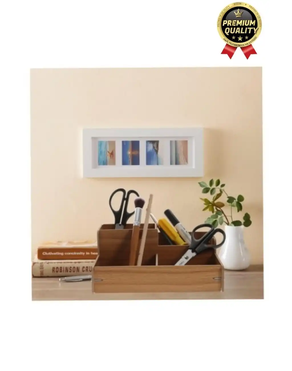 Kırtasiye Kalem Makyaj Malzemesi Saklama Çok Amaçlı 4 Gözlü Bölmeli Ahşap Masa Üstü Düzenleyici Kutu