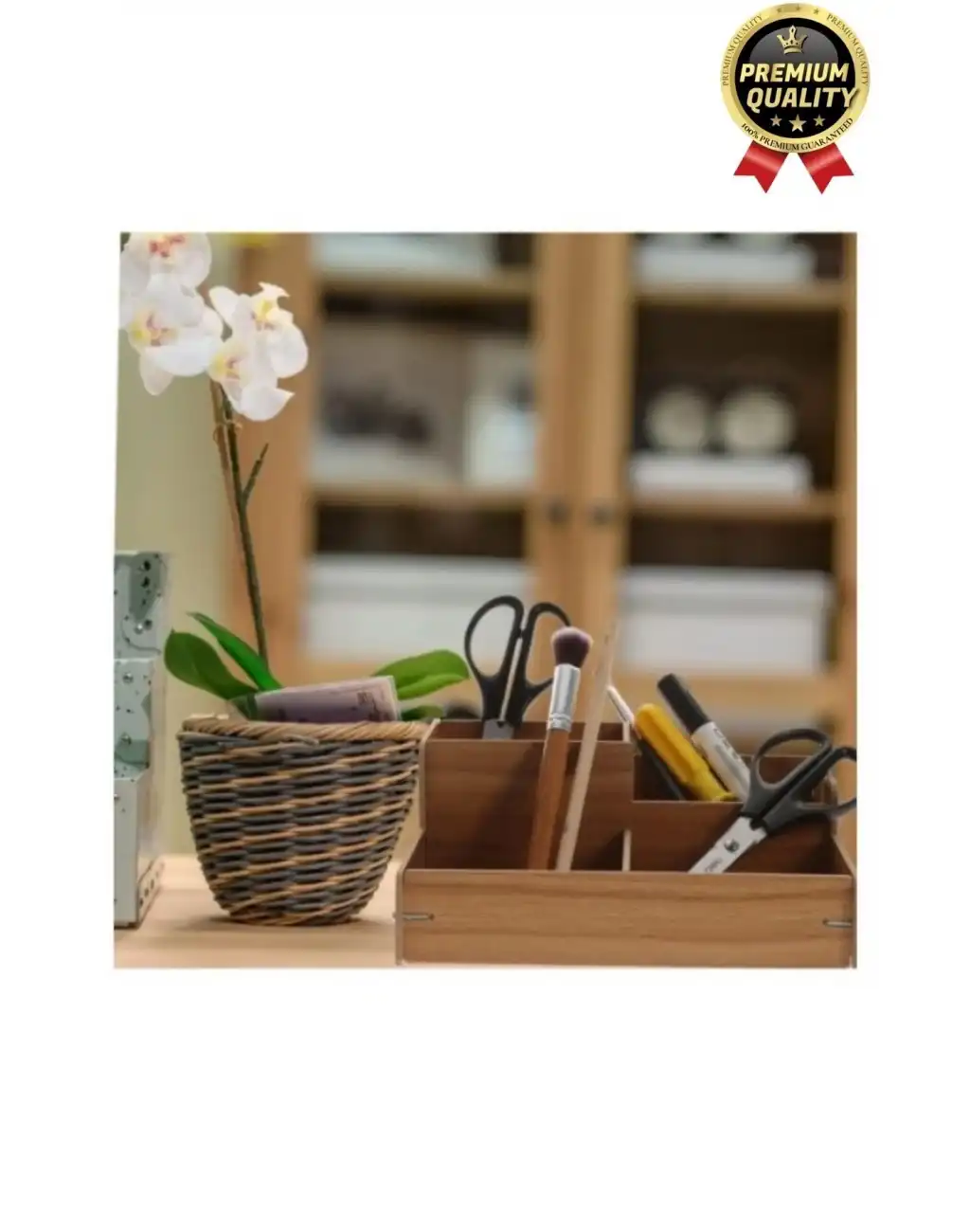 Kırtasiye Kalem Makyaj Malzemesi Saklama Çok Amaçlı 4 Gözlü Bölmeli Ahşap Masa Üstü Düzenleyici Kutu