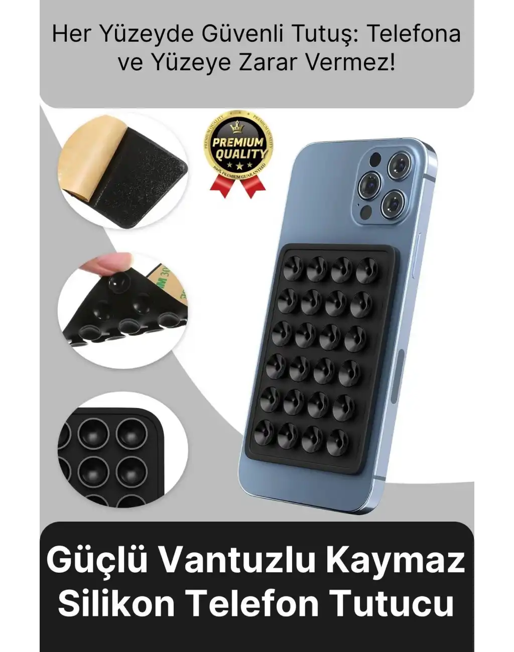 Özel Üretim Tüm Yüzeylere Uyumlu Kaymaz Siyah Güçlü Vantuzlu Silikon Yapışkanlı Telefon Tutucu
