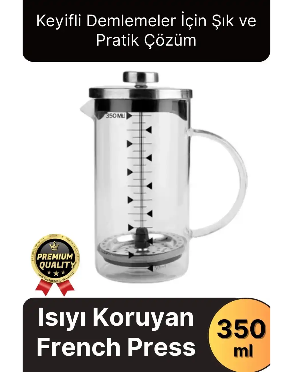 Çok Amaçlı Isıyı Koruyan Süzgeçli Bitki Çayı Filtre Kahve Demlik Ölçü Kabı Cam French Press 350 ml