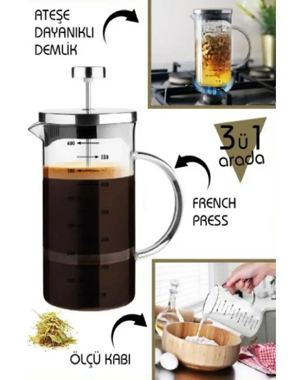 Çok Amaçlı Isıyı Koruyan Süzgeçli Bitki Çayı Filtre Kahve Demlik Ölçü Kabı Cam French Press 350 ml