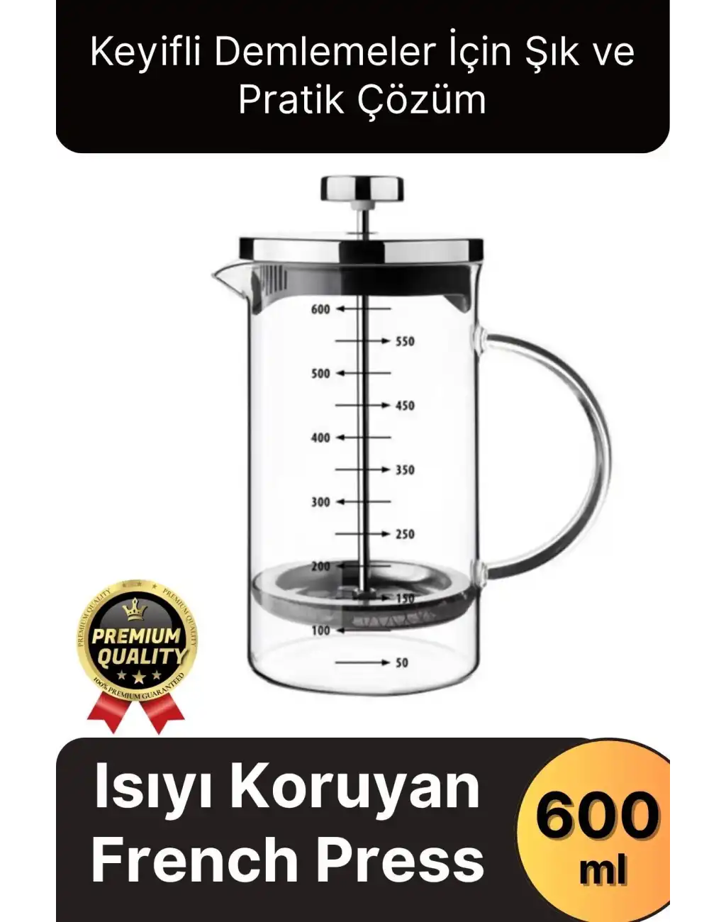 Çok Amaçlı Isıyı Koruyan Süzgeçli Bitki Çayı Filtre Kahve Demlik Ölçü Kabı Cam French Press 600 ml