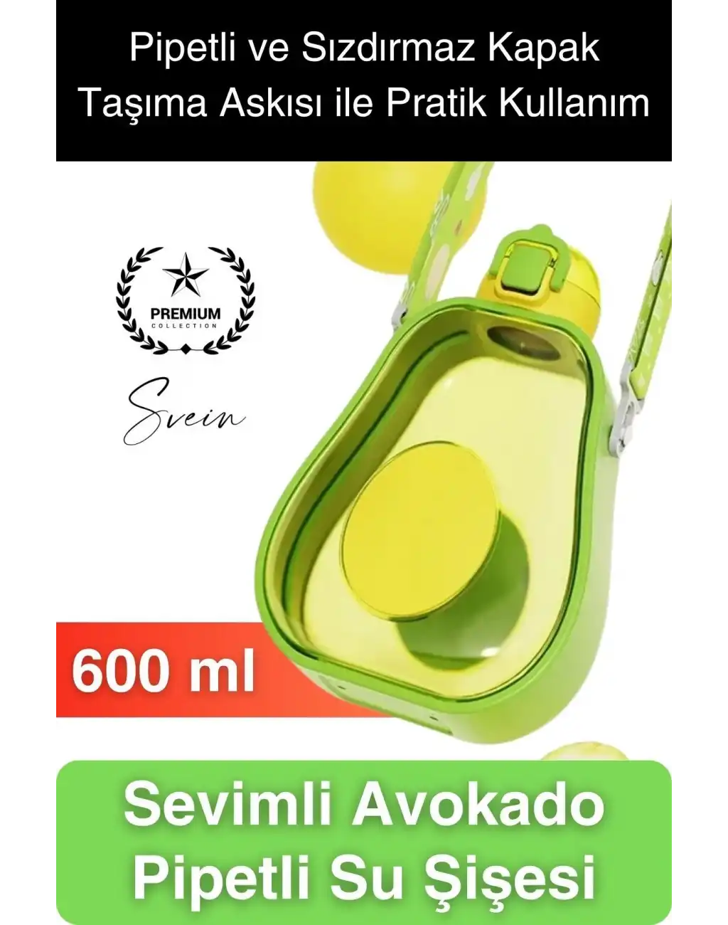 Pipetli Sızdırmaz Kapak Taşıma Askılı Sevimli Avokado Su Şişesi Çocuk Okul Suluk Matarası Tritan