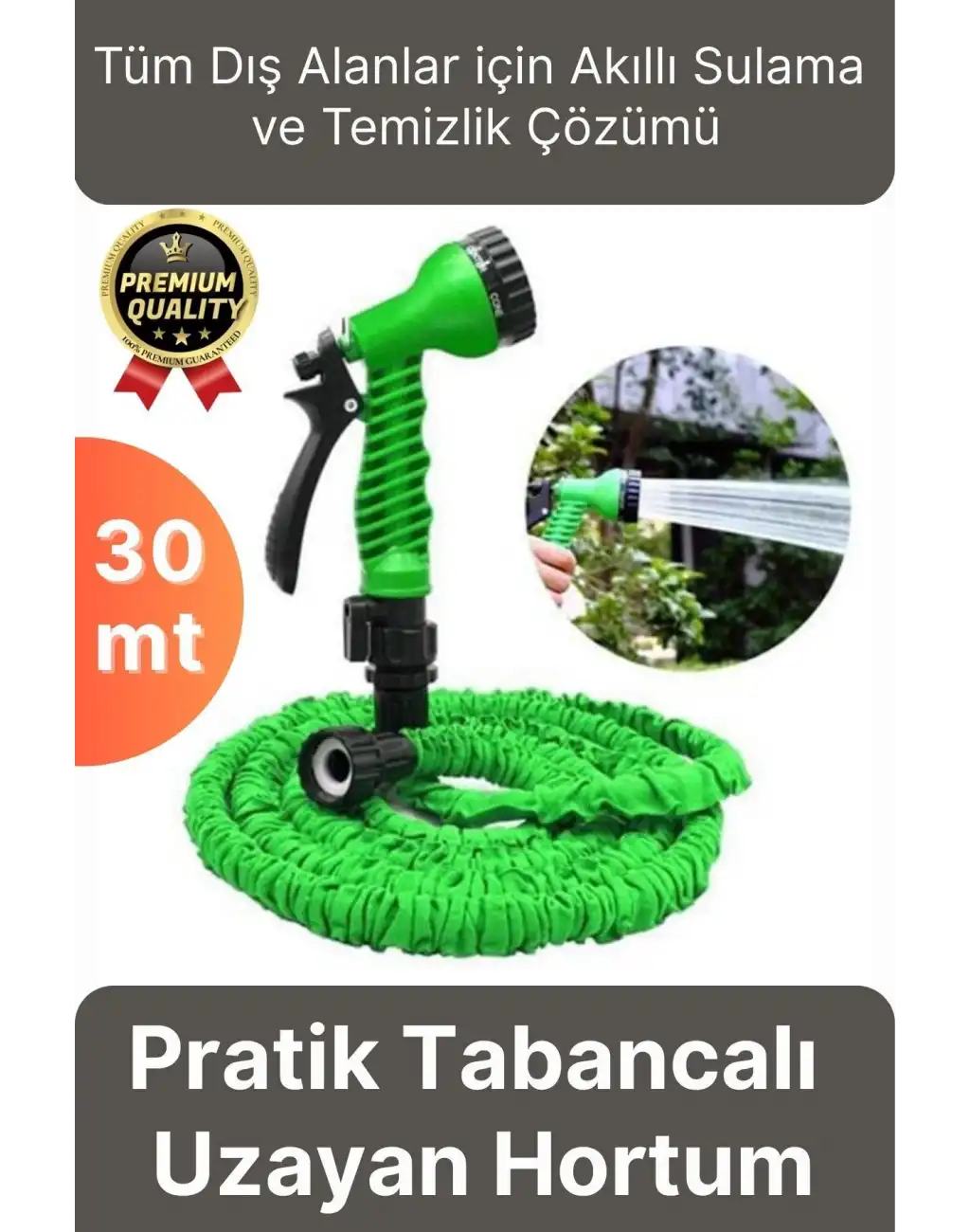 Çok Amaçlı Kırılmaz Dolaşmaz 7 Fonksiyonlu Bahçe Sulama Araç Yıkama Tabancalı Uzayan Hortum 30 Mt