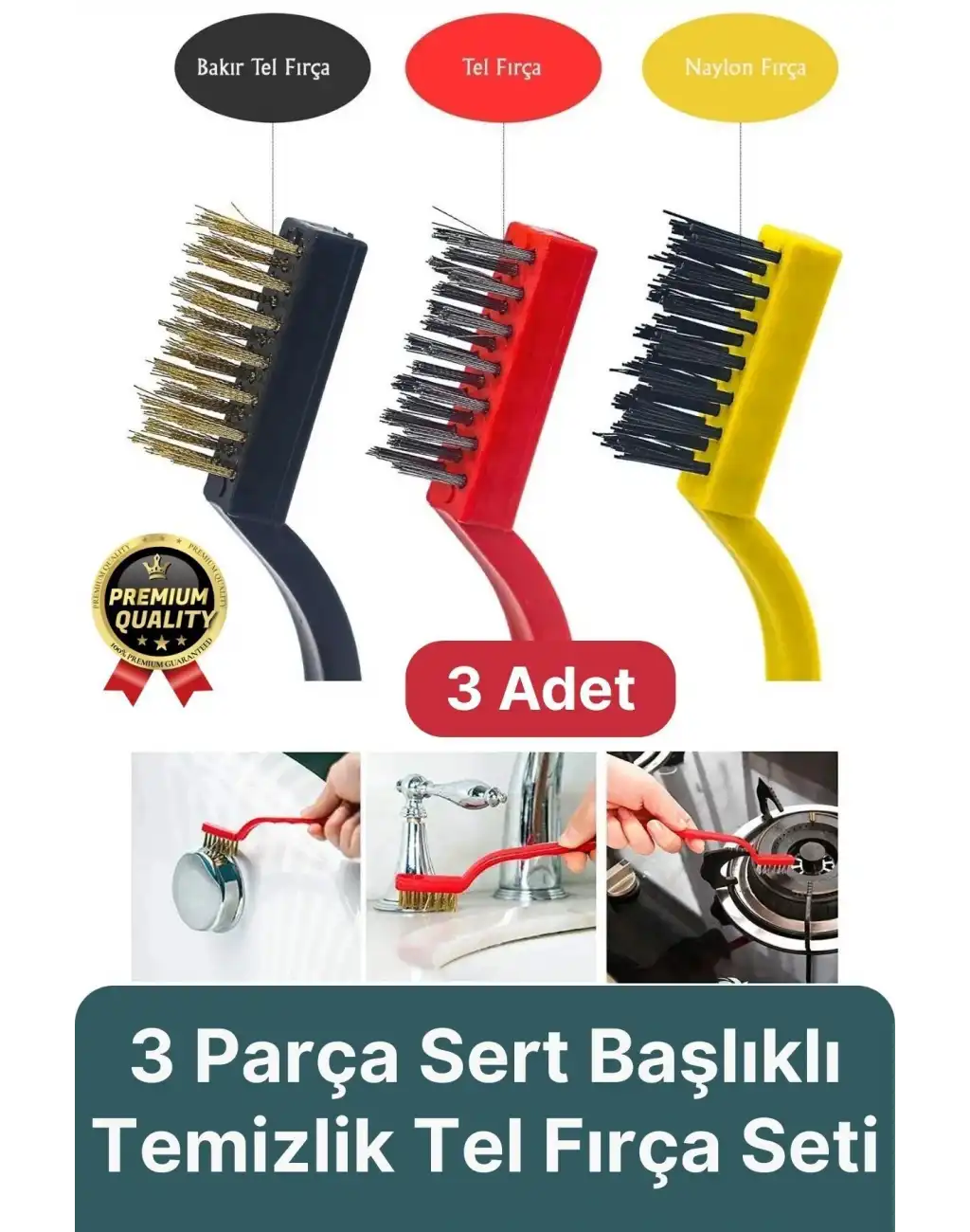 Çok Amaçlı Bakır Naylon Yağ Çıkarma Aspiratör Ocak Lavabo Fırın Detaylı Temizlik Tel Fırça 3 Parça