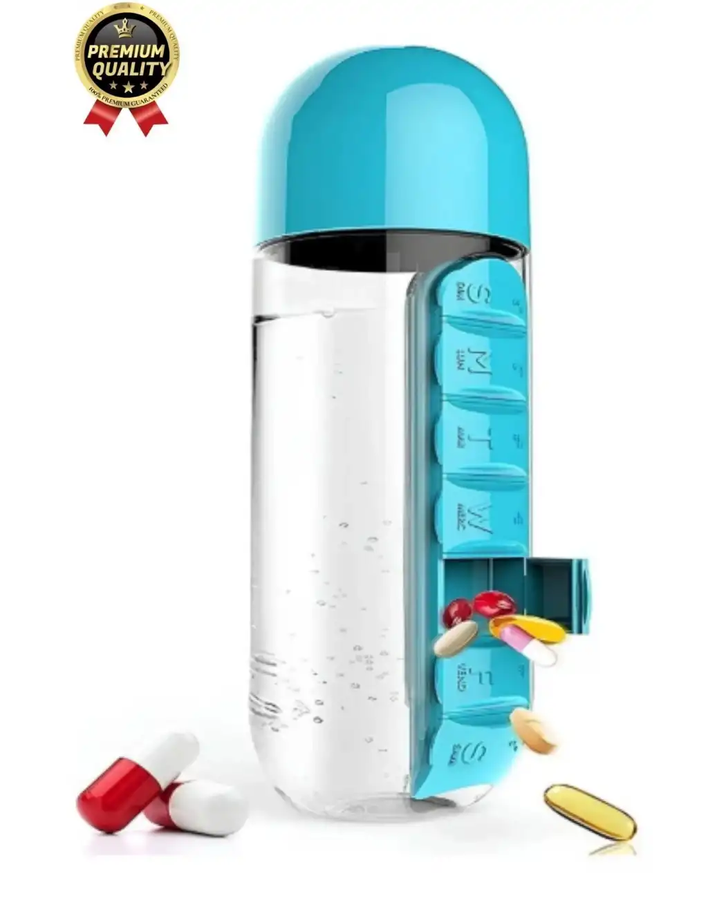 Özel Üretim Pillbox Suluk Organizer %100 BPA İçermez 7 Gün Hap İlaç Saklama Kutulu 600ml Su Matarası