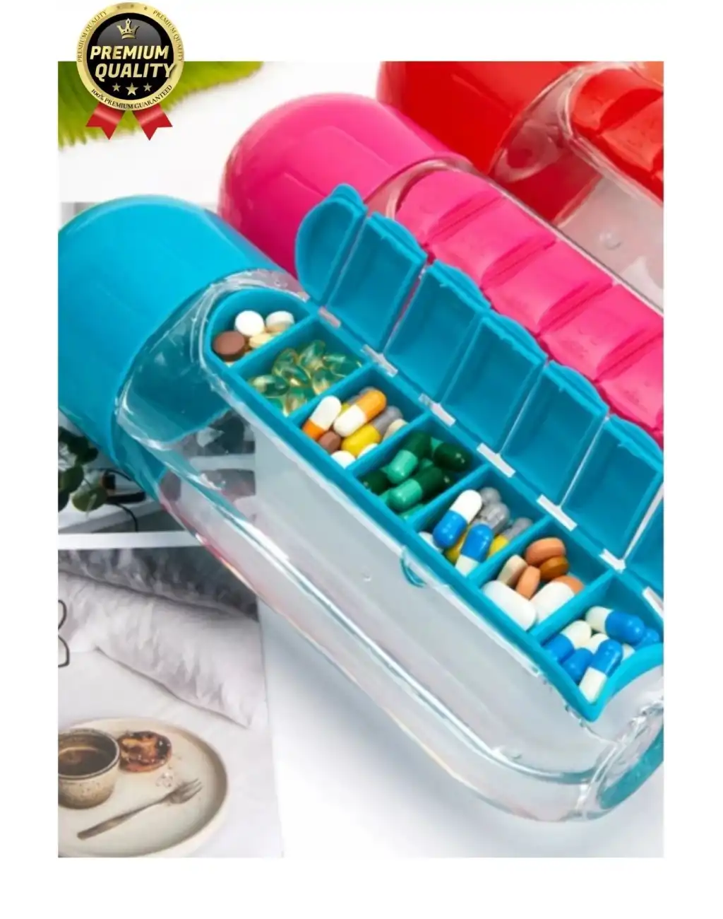 Özel Üretim Pillbox Suluk Organizer %100 BPA İçermez 7 Gün Hap İlaç Saklama Kutulu 600ml Su Matarası