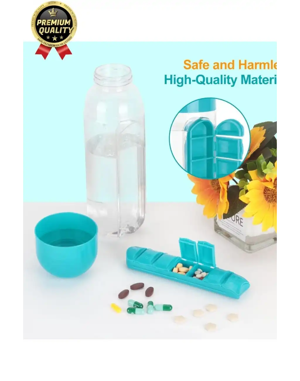 Özel Üretim Pillbox Suluk Organizer %100 BPA İçermez 7 Gün Hap İlaç Saklama Kutulu 600ml Su Matarası