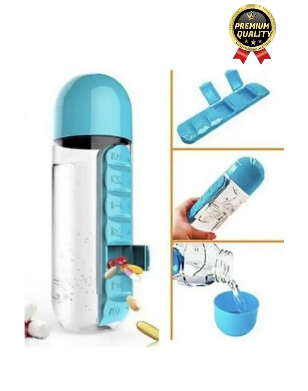 Özel Üretim Pillbox Suluk Organizer %100 BPA İçermez 7 Gün Hap İlaç Saklama Kutulu 600ml Su Matarası