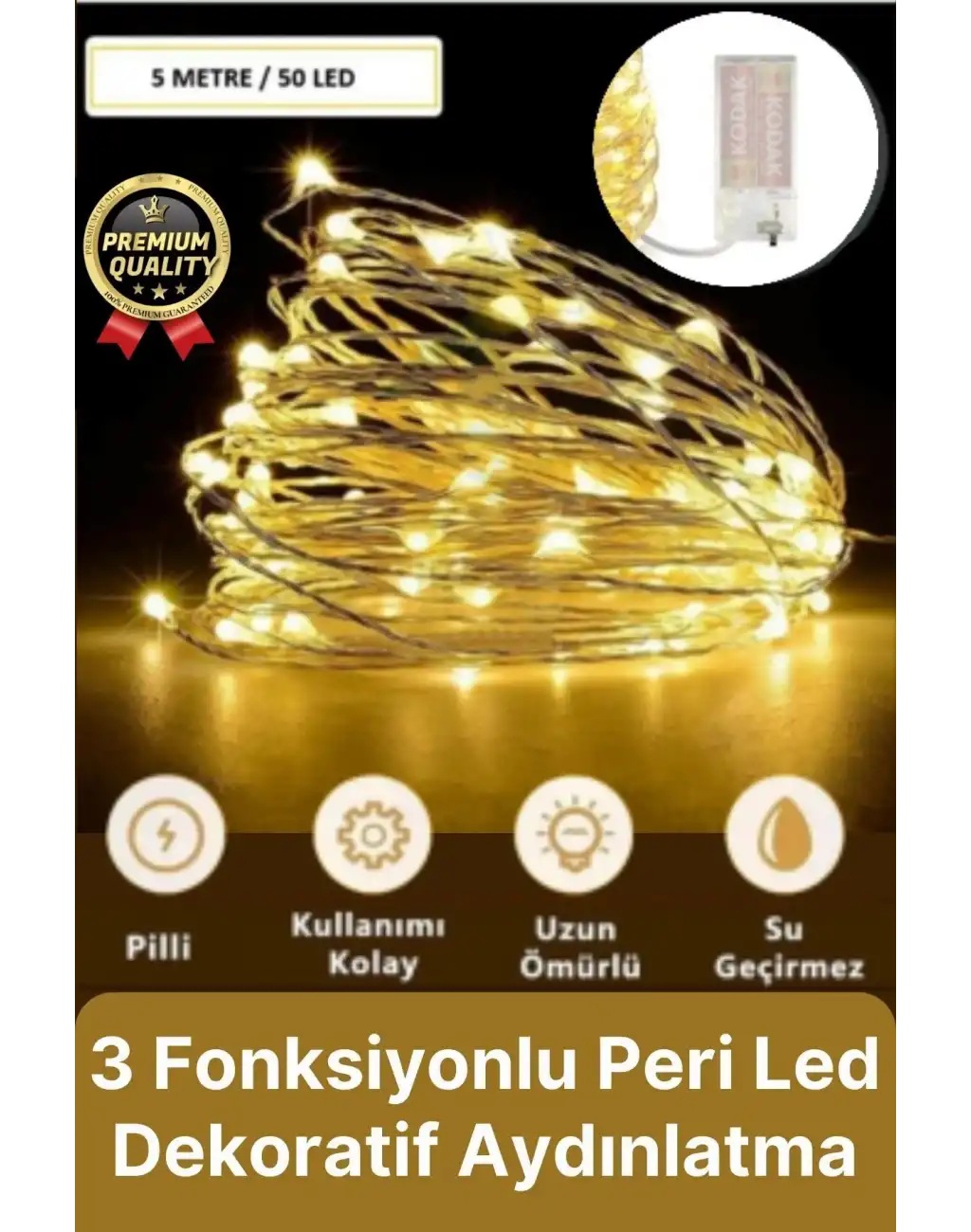Dekoratif Aydınlatma Yeni Yıl Yılbaşı Pilli 3 Fonksiyonlu Günışığı Sarı Renk Peri Led Işık 5 Metre