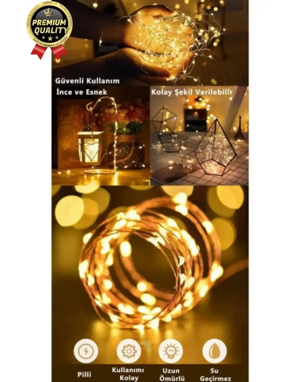 Dekoratif Aydınlatma Yeni Yıl Yılbaşı Pilli 3 Fonksiyonlu Günışığı Sarı Renk Peri Led Işık 5 Metre