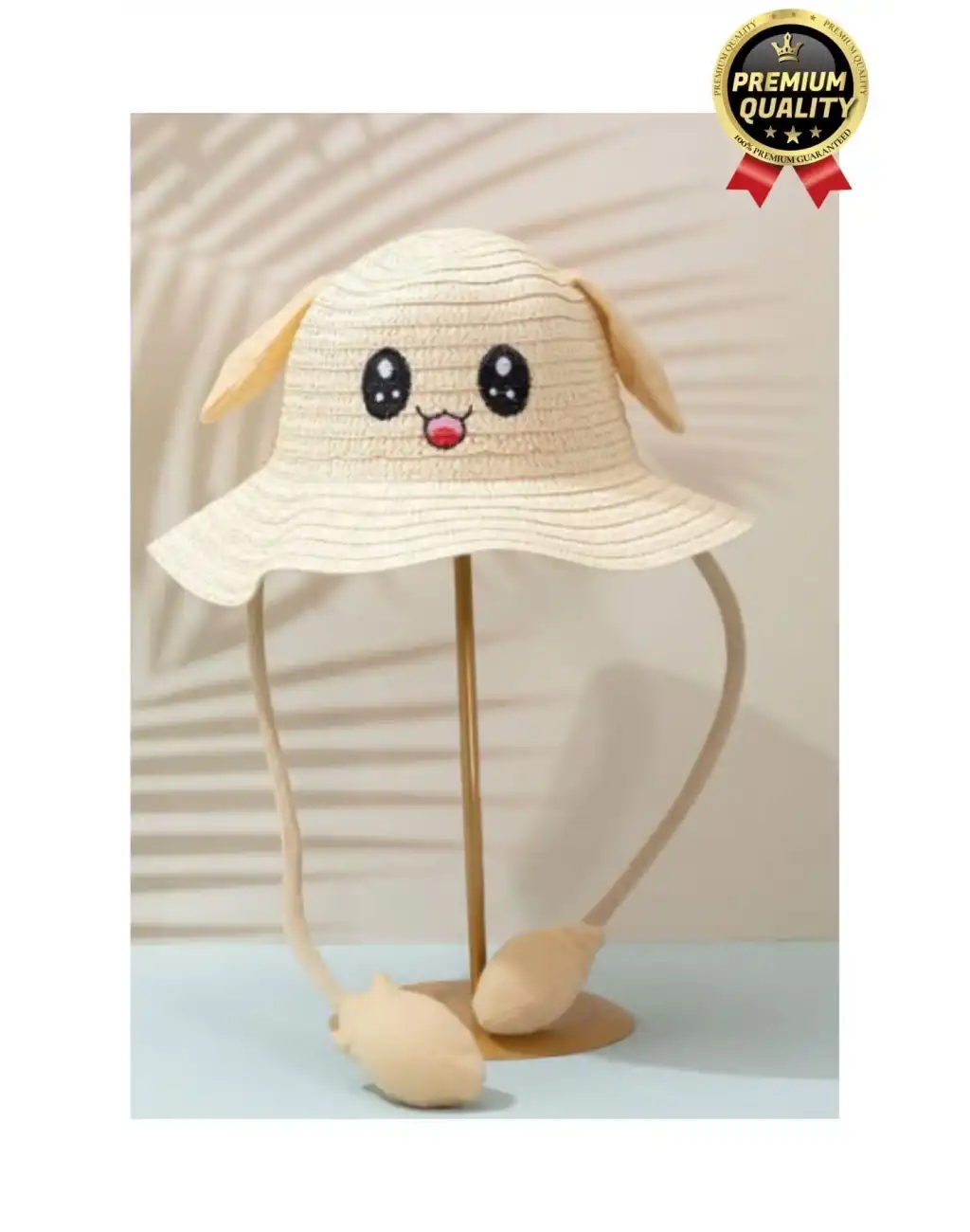 Özel Tasarım Organik Hasır Güneş Koruyuculu 2-10 Yaş Hareket Eden Oynar Kulaklı Yazlık Çocuk Şapka