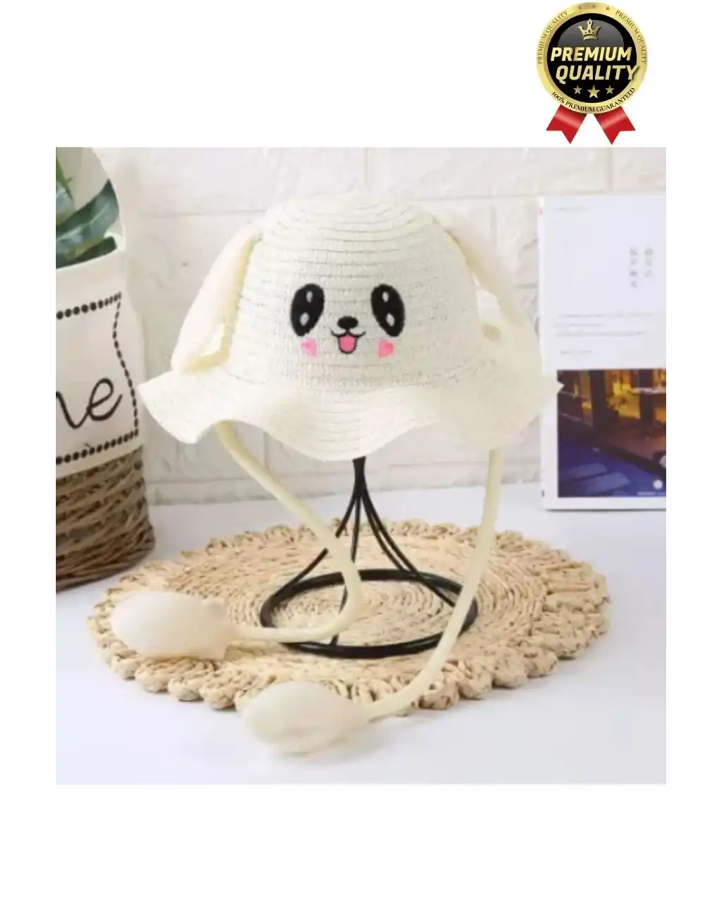 Özel Tasarım Organik Hasır Güneş Koruyuculu 2-10 Yaş Hareket Eden Oynar Kulaklı Yazlık Çocuk Şapka