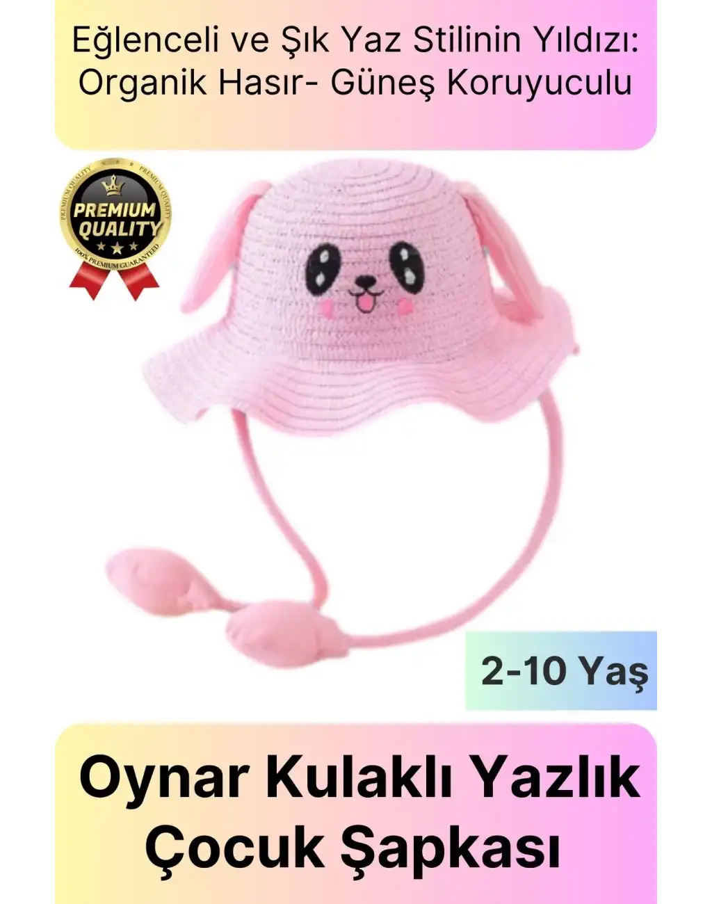 Özel Tasarım Organik Hasır Güneş Koruyuculu 2-10 Yaş Hareket Eden Oynar Kulaklı Yazlık Çocuk Şapka