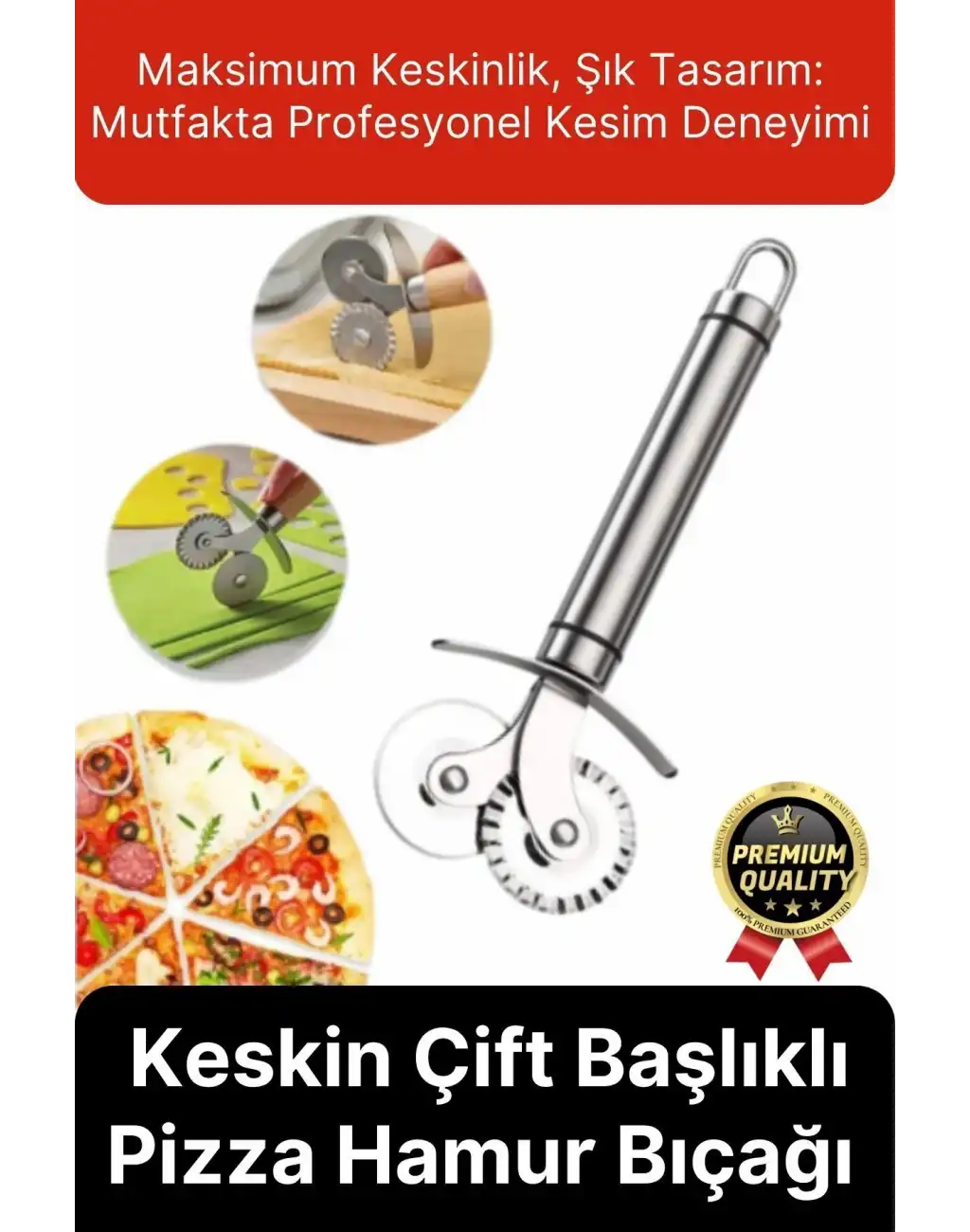 Premium Seri Paslanmaz Çelik Keskin Şekillendirici Kesici Çift Başlıklı Pizza Mantı Hamur Bıçağı