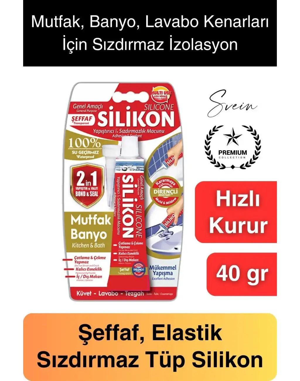 Premium 40 gr Üniversal Sızdırmaz Şeffaf Tüp Silikon Mutfak Banyo Küvet Kenarı Elastik İzolasyon