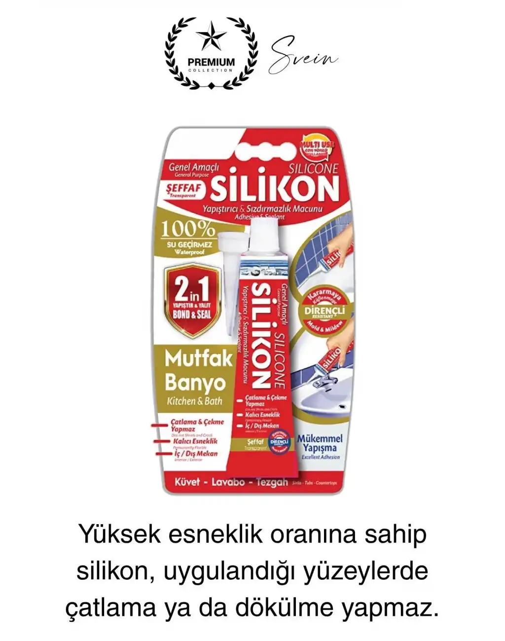 Premium 40 gr Üniversal Sızdırmaz Şeffaf Tüp Silikon Mutfak Banyo Küvet Kenarı Elastik İzolasyon