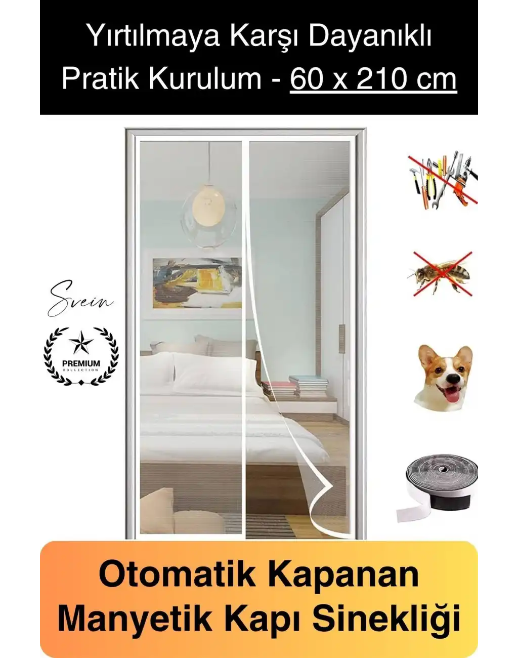 Dayanıklı Mıknatıslı Kapı Sinekliği 60x210 cm Tül Haşere Böcek Sivrisinek Geçirmez Manyetik Beyaz