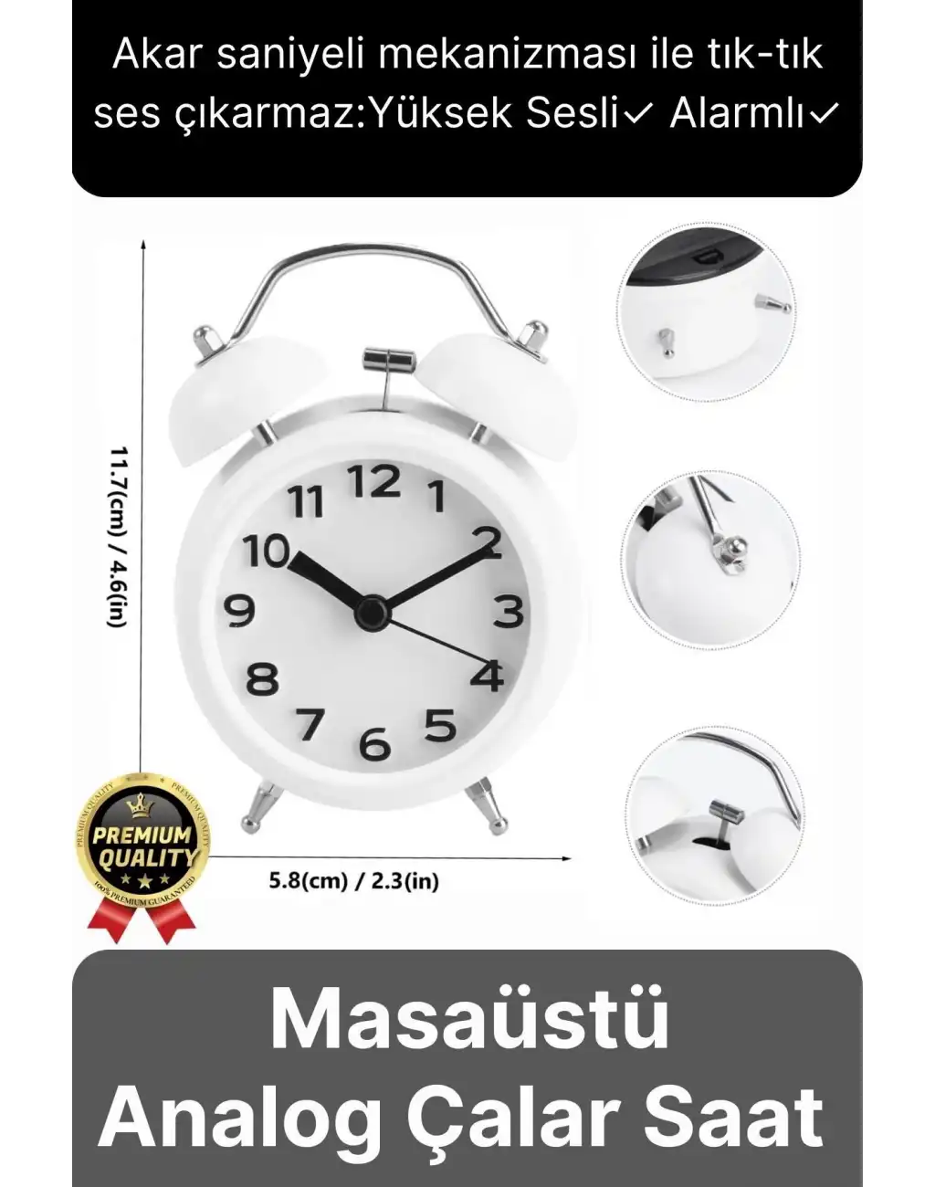 Premium Kalite Dekoratif Pilli Yüksek Sesli Alarmlı Çift Çan Formlu Masaüstü Mini Analog Çalar Saat