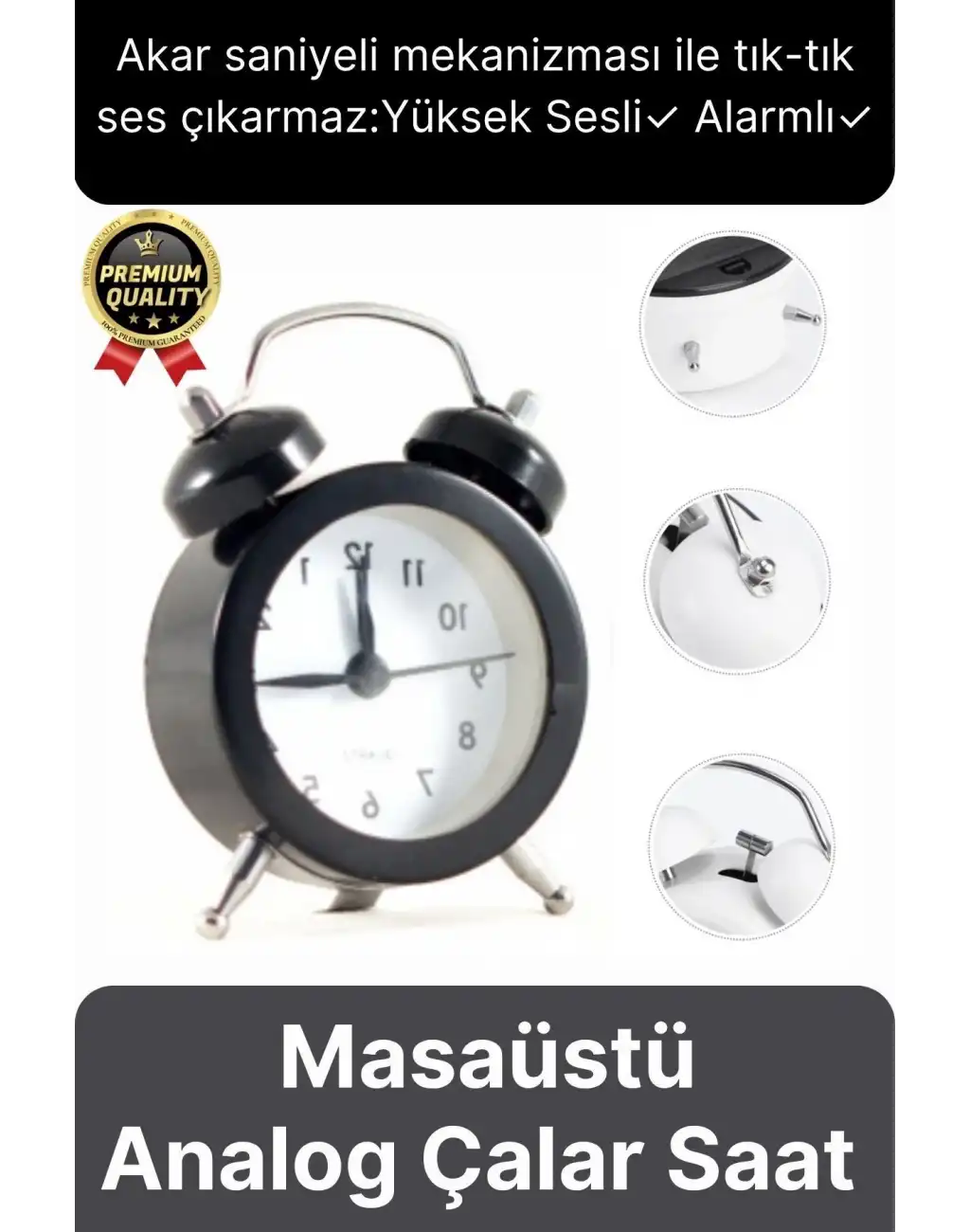 Premium Kalite Dekoratif Pilli Yüksek Sesli Alarmlı Çift Çan Formlu Masaüstü Mini Analog Çalar Saat