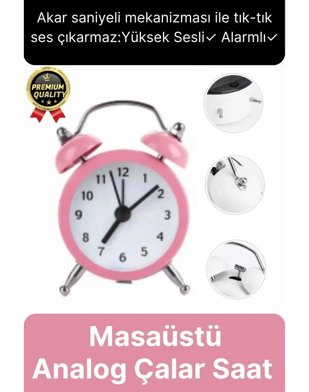 Premium Kalite Dekoratif Pilli Yüksek Sesli Alarmlı Çift Çan Formlu Masaüstü Mini Analog Çalar Saat