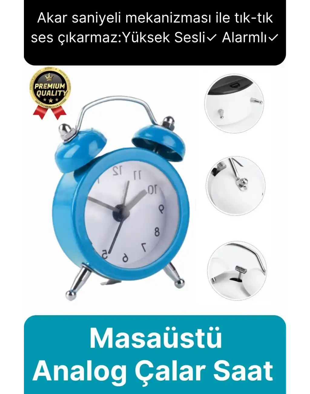 Premium Kalite Dekoratif Pilli Yüksek Sesli Alarmlı Çift Çan Formlu Masaüstü Mini Analog Çalar Saat