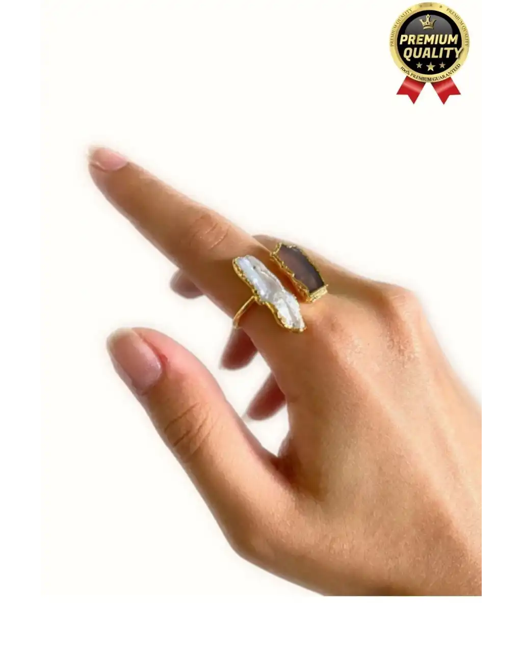 Özel Üretim Altın Pirinç Kaplama Vintage Görünümlü Şık Tasarımlı Ayarlanabilir Doğal Taş Kadın Yüzük