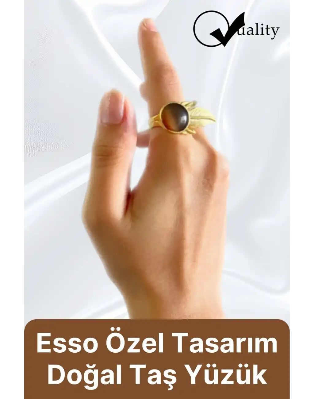 Özel Üretim Altın Pirinç Kaplama Vintage Görünümlü Şık Tasarımlı Ayarlanabilir Doğal Taş Kadın Yüzük