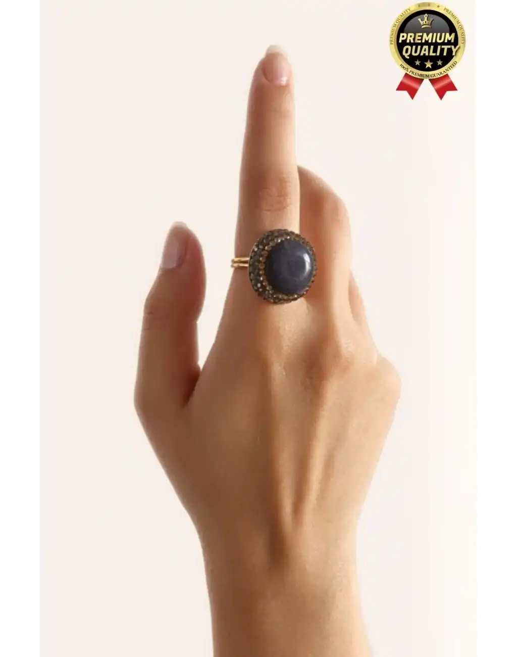 Özel Üretim Altın Pirinç Kaplama Vintage Görünümlü Şık Tasarımlı Ayarlanabilir Doğal Taş Kadın Yüzük