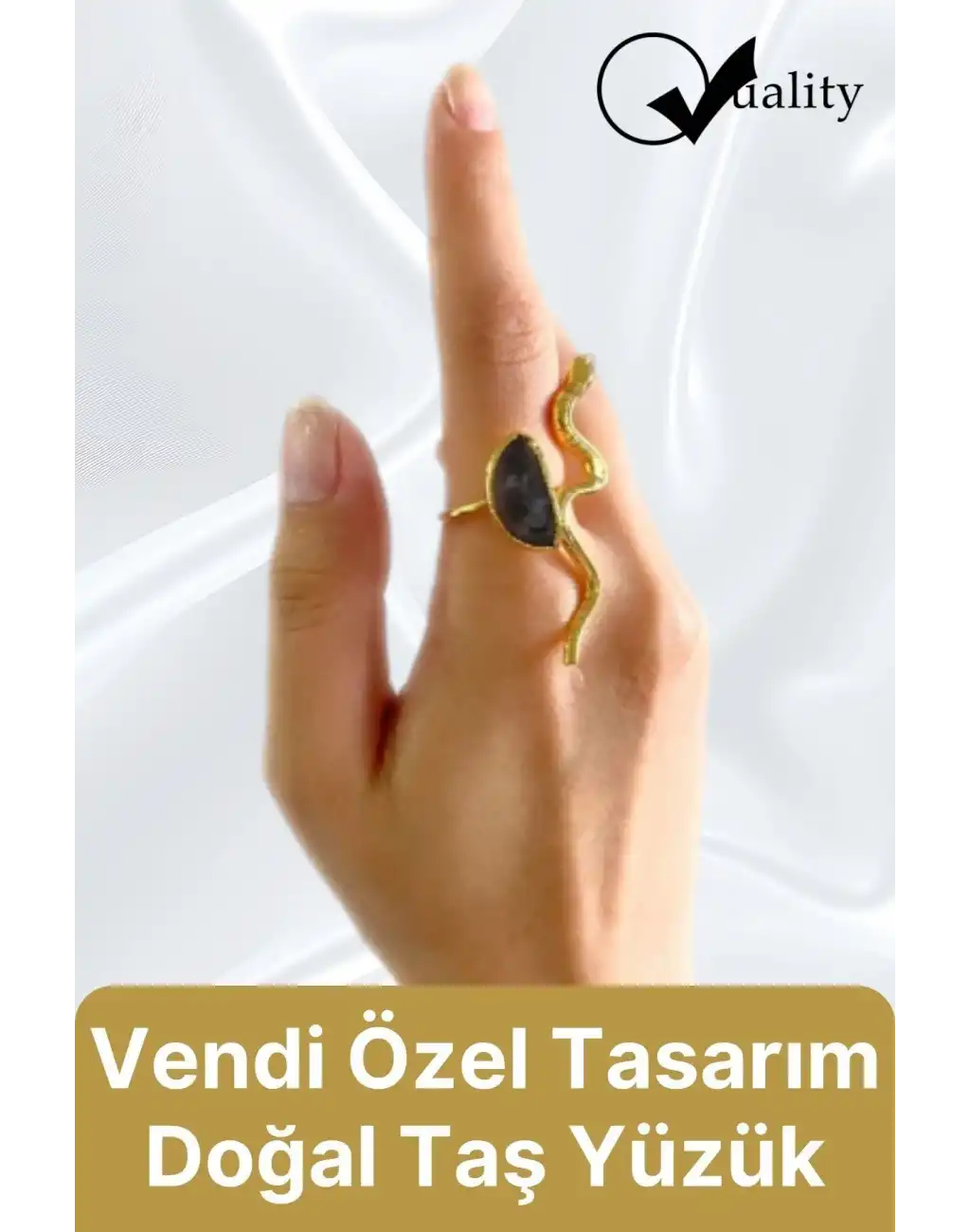 Özel Üretim Altın Pirinç Kaplama Vintage Görünümlü Şık Tasarımlı Ayarlanabilir Doğal Taş Kadın Yüzük