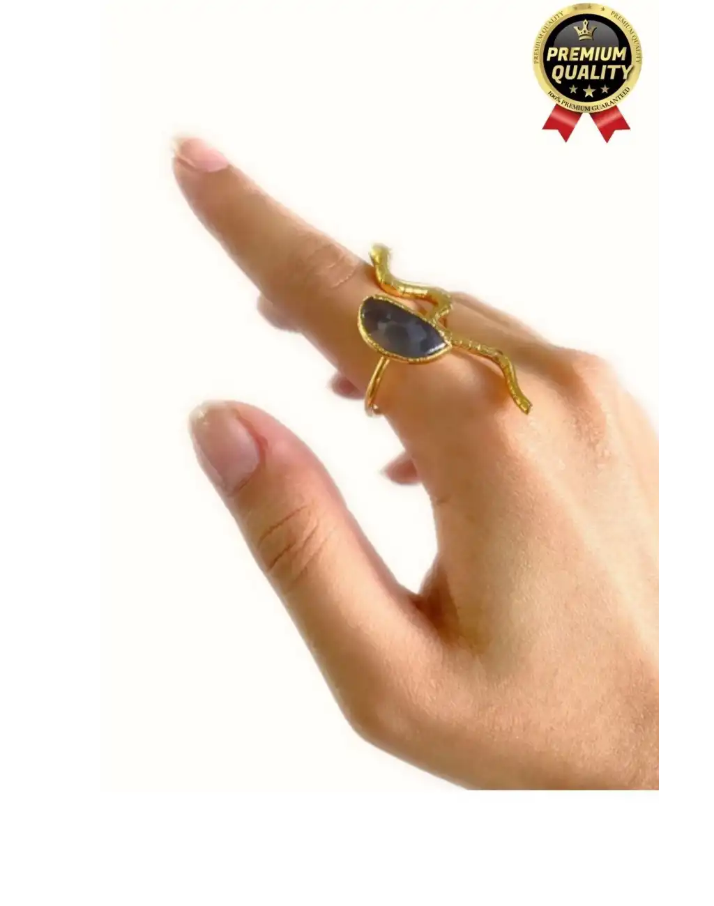 Özel Üretim Altın Pirinç Kaplama Vintage Görünümlü Şık Tasarımlı Ayarlanabilir Doğal Taş Kadın Yüzük