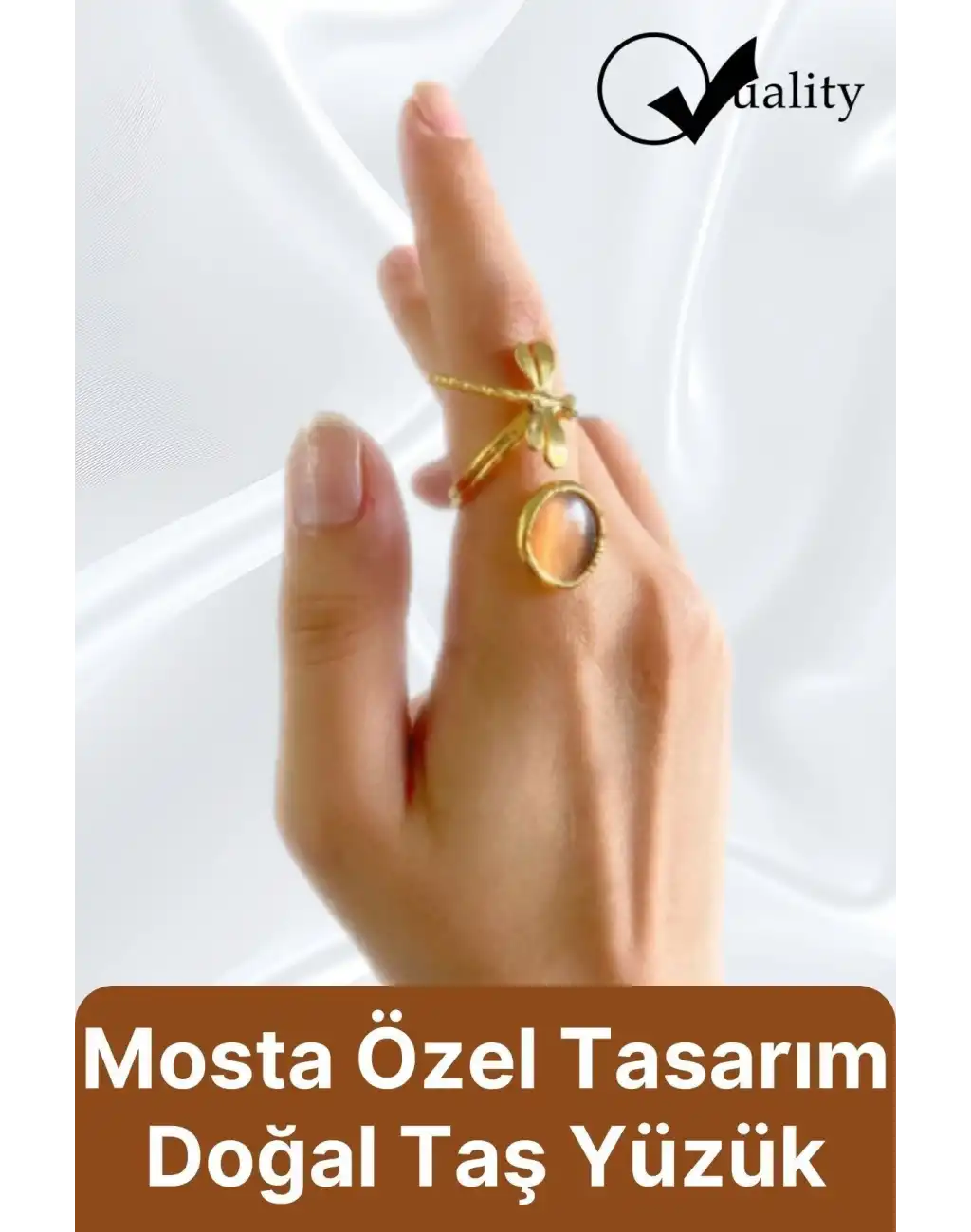 Özel Üretim Altın Pirinç Kaplama Vintage Görünümlü Şık Tasarımlı Ayarlanabilir Doğal Taş Kadın Yüzük