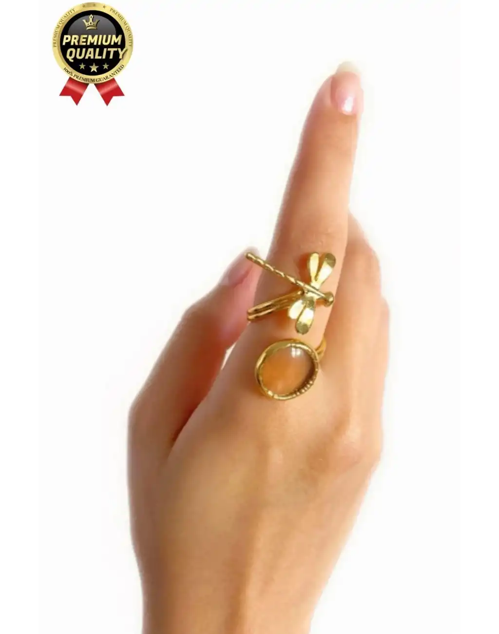 Özel Üretim Altın Pirinç Kaplama Vintage Görünümlü Şık Tasarımlı Ayarlanabilir Doğal Taş Kadın Yüzük
