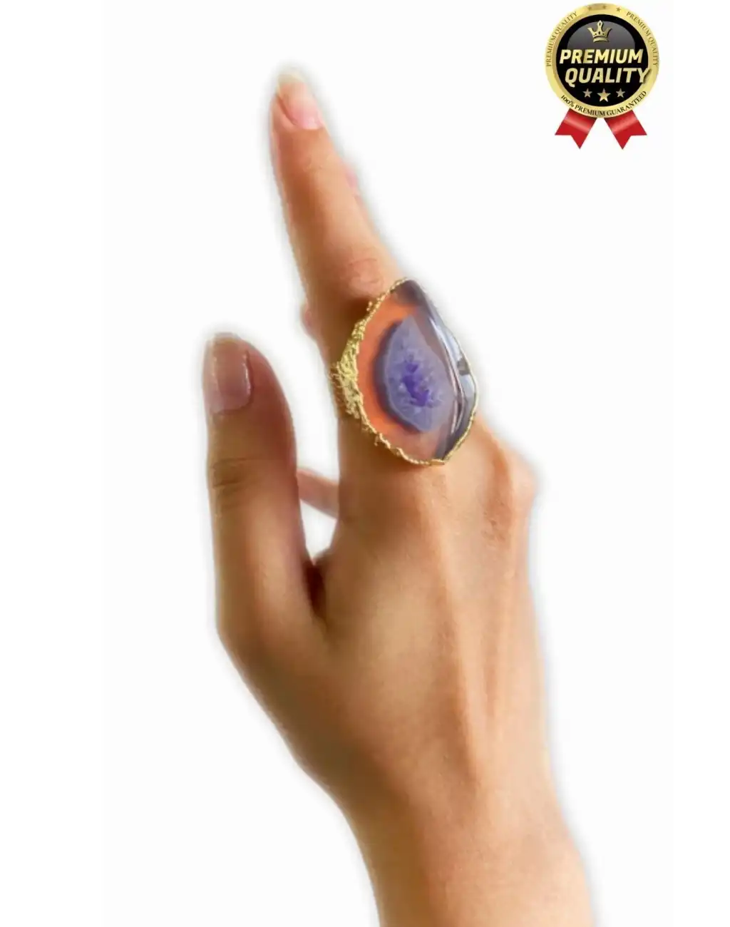 Özel Üretim Altın Pirinç Kaplama Vintage Görünümlü Şık Tasarımlı Ayarlanabilir Doğal Taş Kadın Yüzük