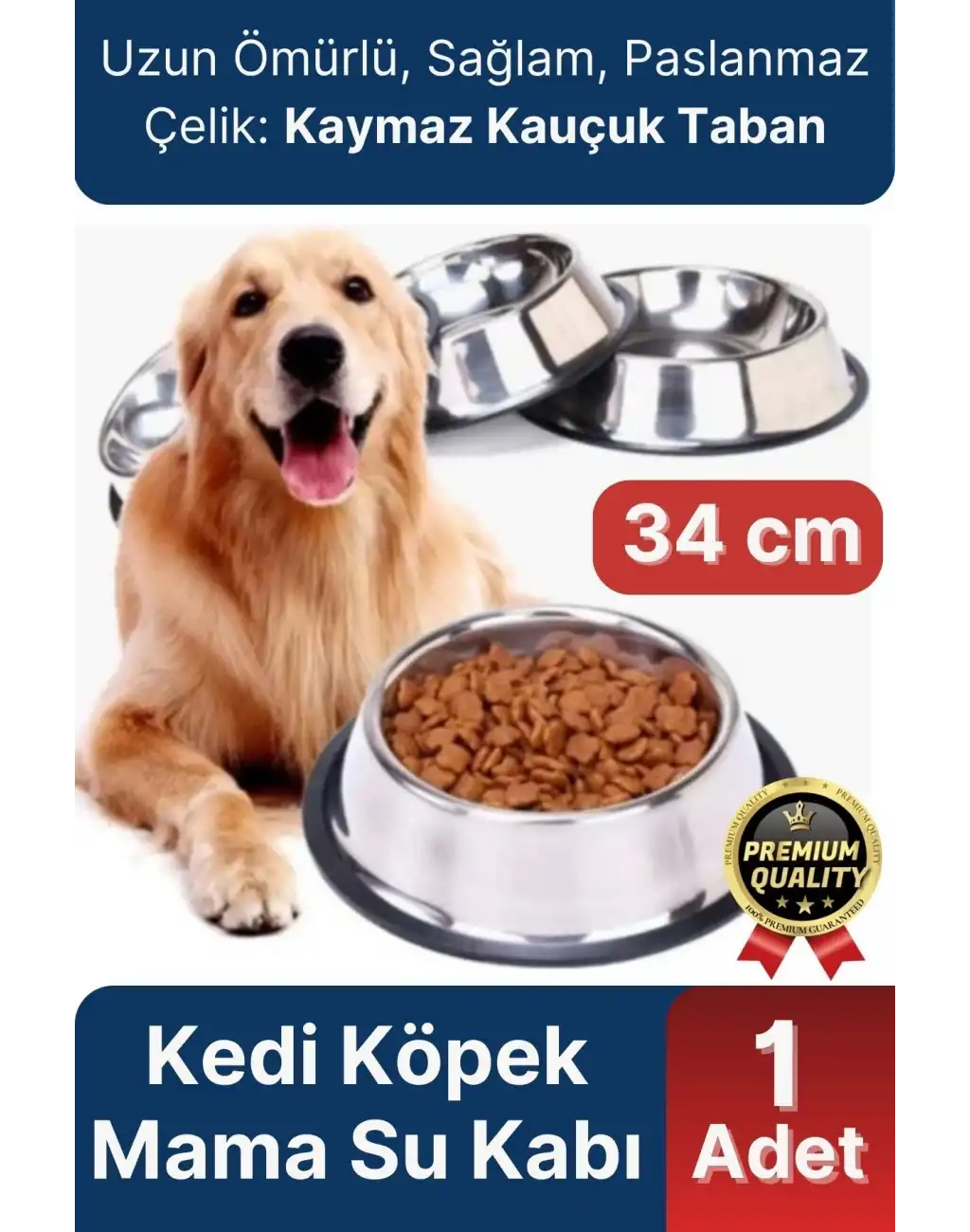 Premium Uzun Ömürlü Sağlam Kaymaz Kauçuk Taban Paslanmaz Çelik Metal Kedi Köpek Mama Su Kabı 34 cm